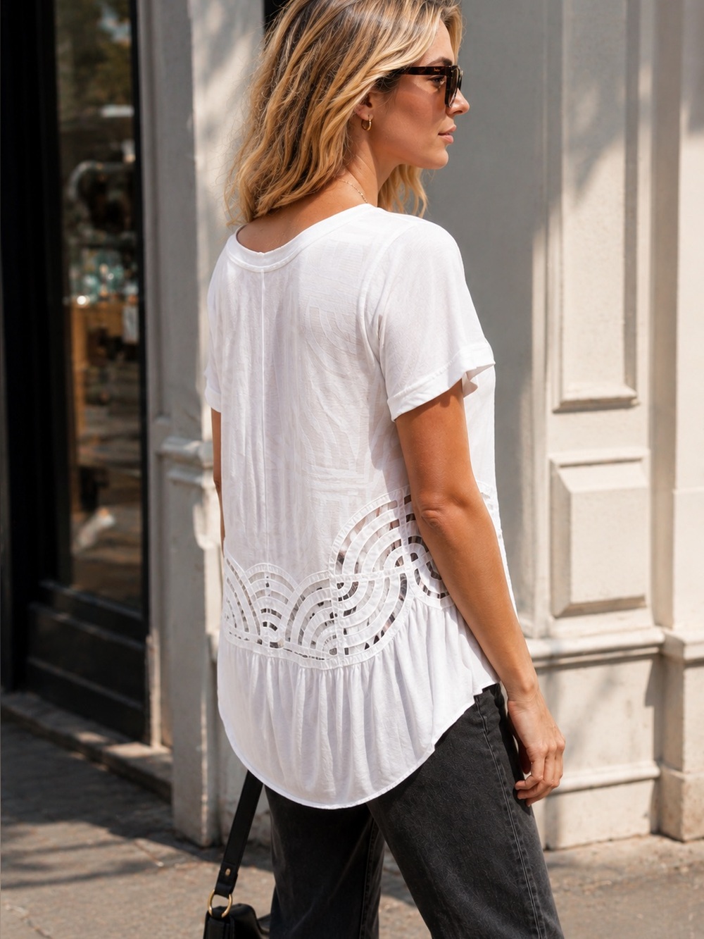 DESIGUAL Tan and White Hi-Lo Short Sleeve Abstract European Tee, S